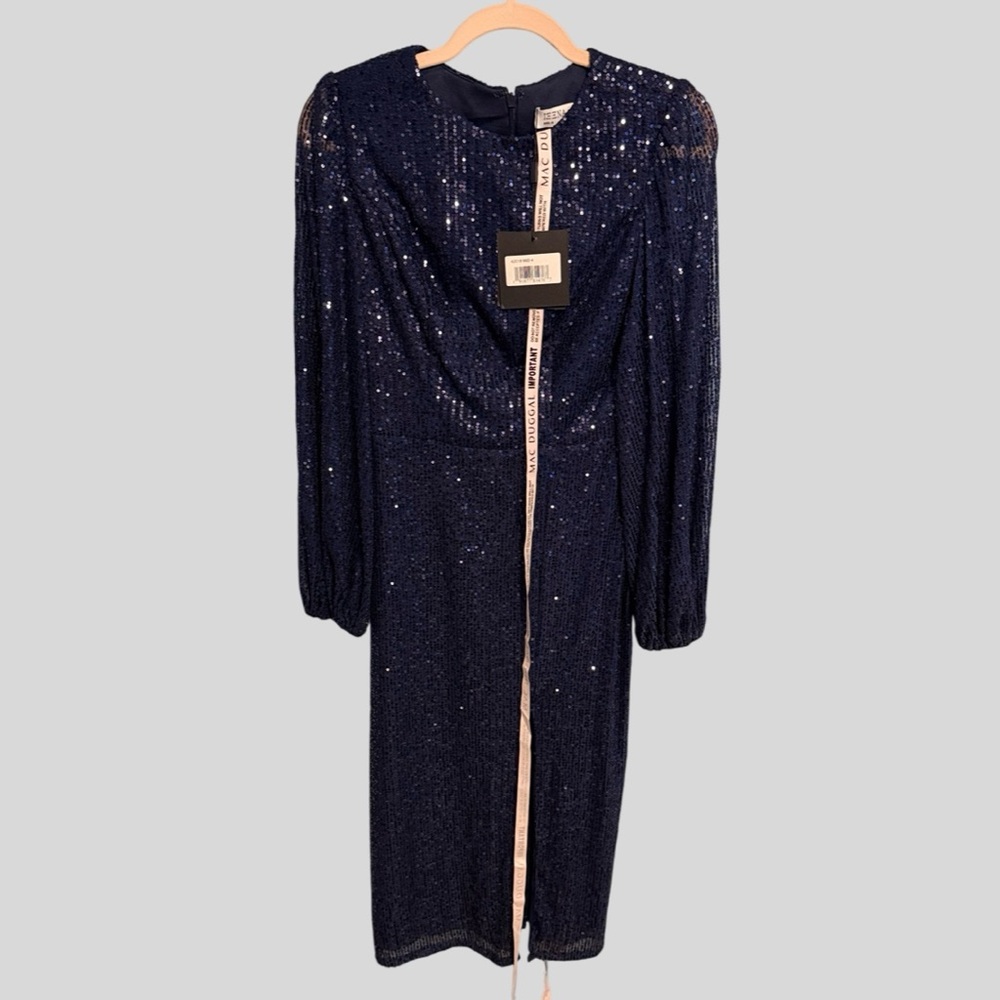 IEENA for Mac Duggal Sequin Puff-Sleeve Midi Dress | Navy | Size 4 (NWT)